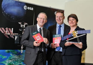 Northern Ireland Enterprise, Trade and Investment Minister, Arlene Foster, pictured with (l-r) Dr Colin Hicks, President, Eurisy, and Robert Hill, Director, Northern Ireland Space Office.