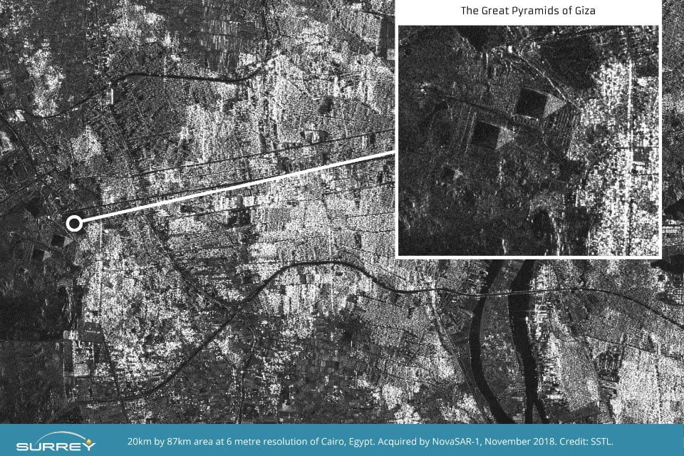 Satellite view of great pyramids, Cairo. Credit: SSTL