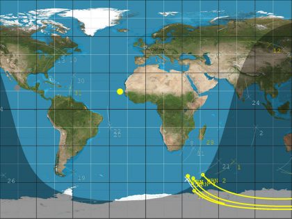 DoT-1 sub-satellite track (white) and GPS reflection tracks (yellow) collected during 40 minute data operation.