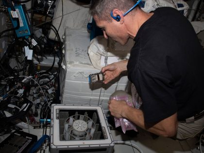 Astronaut Michael Scott Hopkins performs the insertion of the experiment containers in KUBIK (credits ESA/NASA)