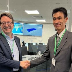 Satellite Vu's Anthony Baker and Japan Space Imaging Corporation's Koji Ueda shaking hands